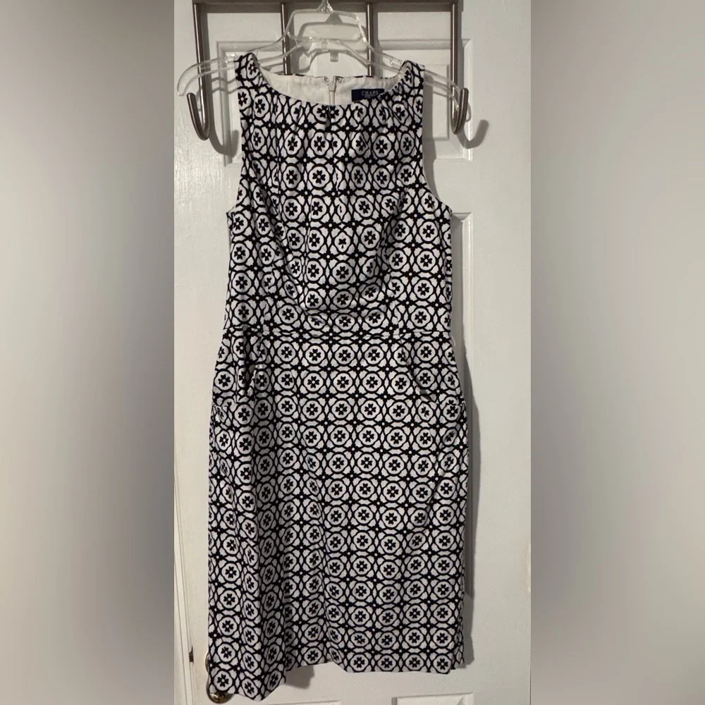 Chaps Ralph Lauren Floral Repeating Pattern Sheath Dress w Pockets Black White